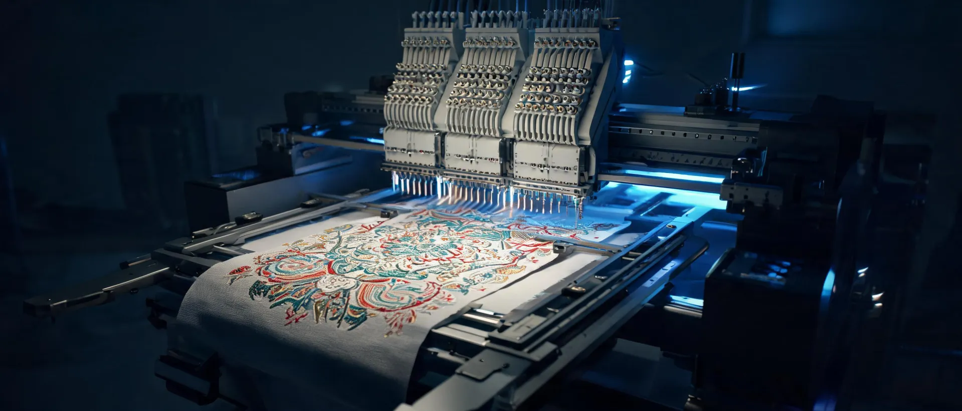 Embroidery machine motion study across needle bars and moving frame
