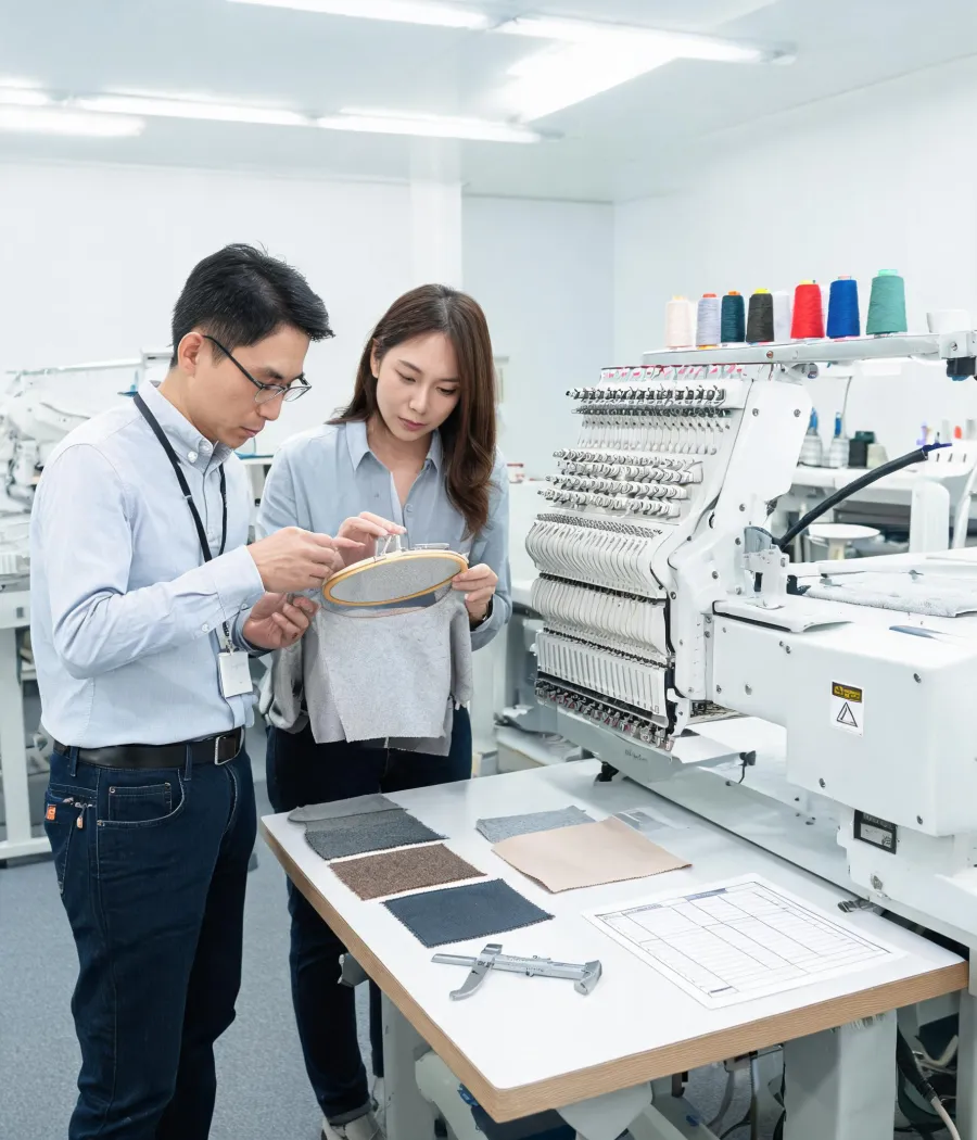 Embroidery application specialist reviewing a production sample and machine setup