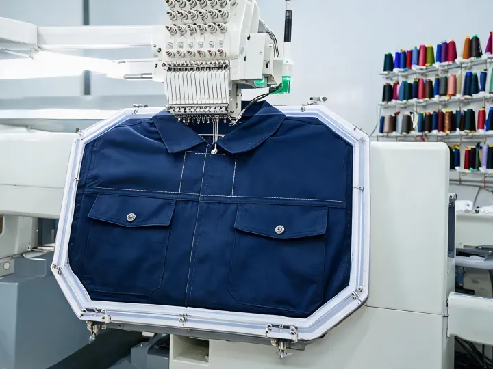 Structured uniform panels embroidered in a repeat production run