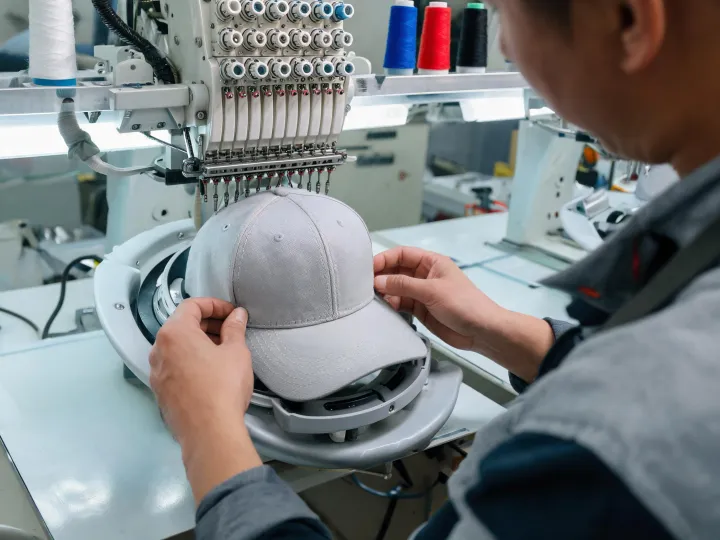 Cap embroidery frame loaded with structured headwear