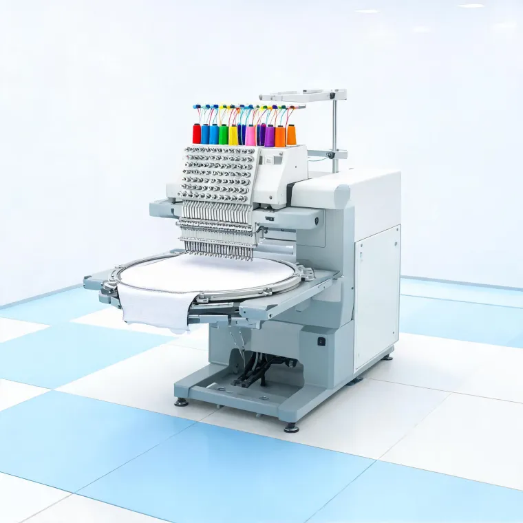 Professional multi-needle embroidery machine prepared for a production demonstration