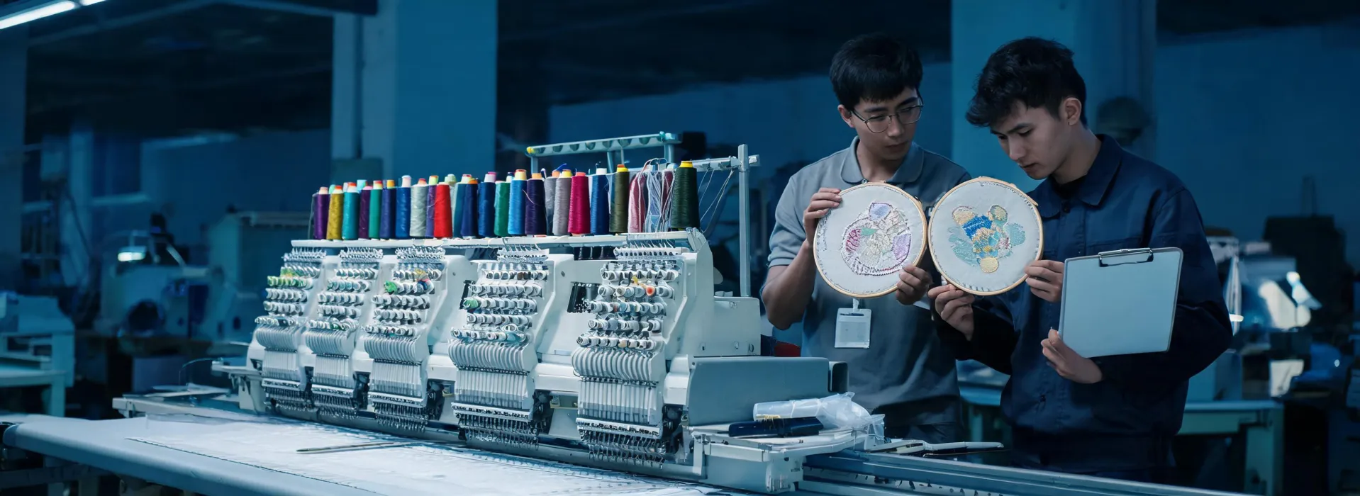 Embroidery production team reviewing a machine trial and sample record